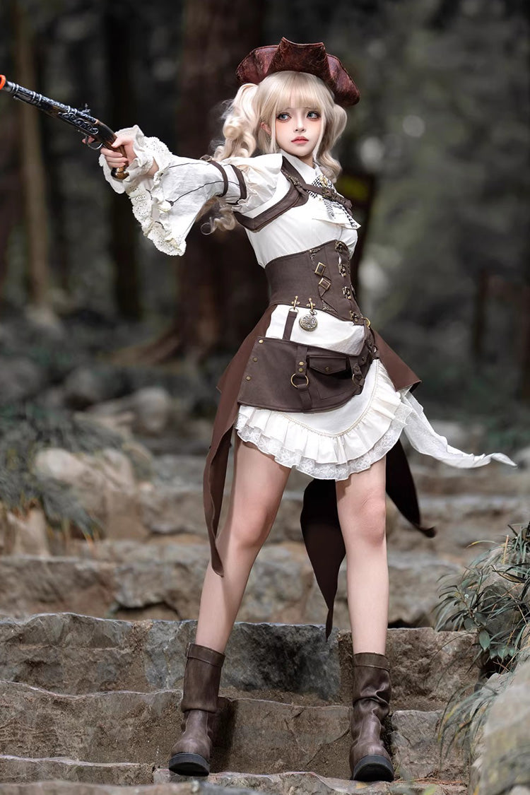 White/Brown [Time Capsule Pirate Style] Long Sleeves Ruffled Irregular Gothic Vintage Elegant Lolita Skirt Set - Product - 8