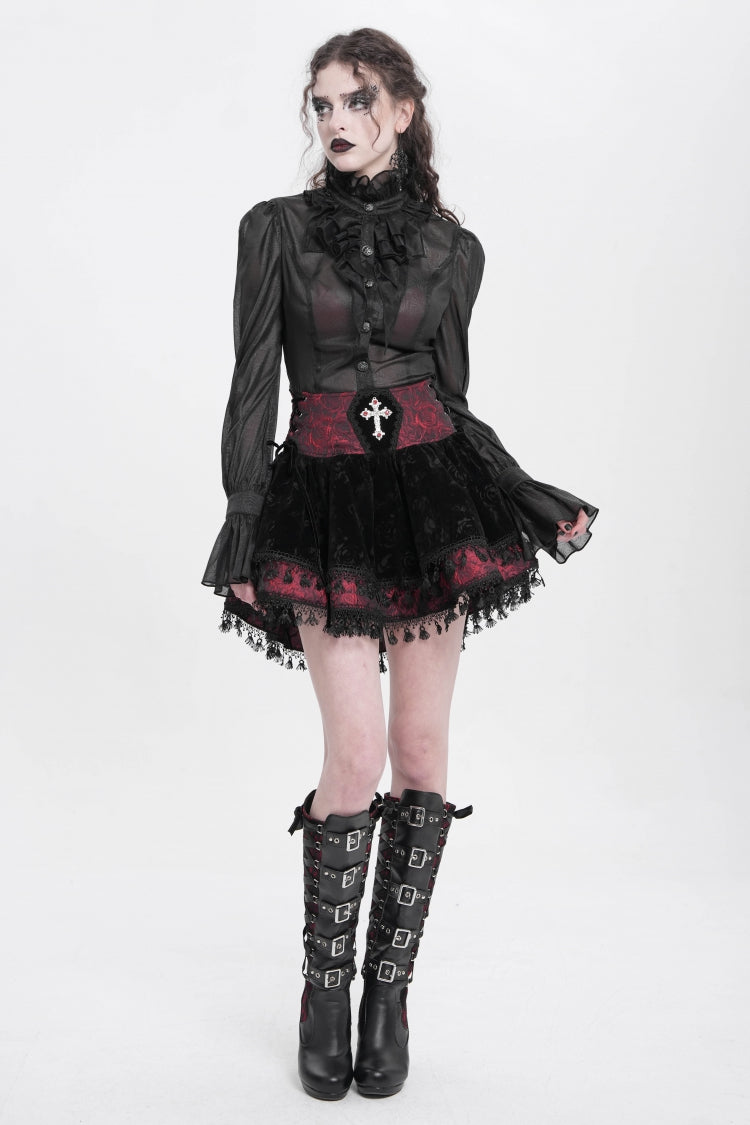 Black/Red Cross Tassel Print Women's Gothic Skirt - Product - 10