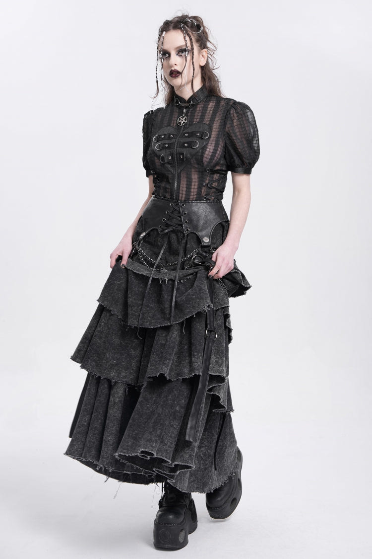 Black Multi-Layered Lace-Up Chain Women's Punk Skirt - Product - 7