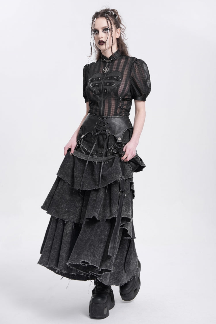 Black Multi-Layered Lace-Up Chain Women's Punk Skirt - Product - 7
