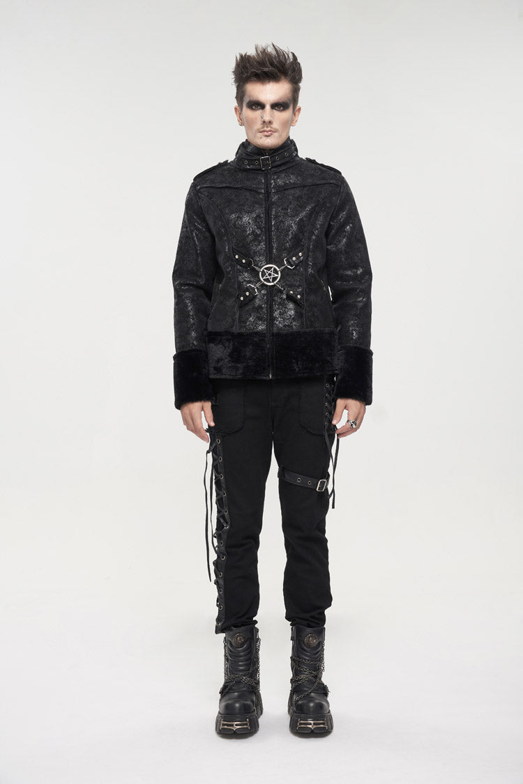 Black Five Pointed Star Decoration Retro Suede Short Plush Men's Punk Coat - Product - 2