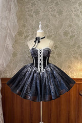 Black Sleeveless Ruffle Bowknot Gothic Princess Fish Bone Bridesmaid Lolita Jsk Dress - Black - 1