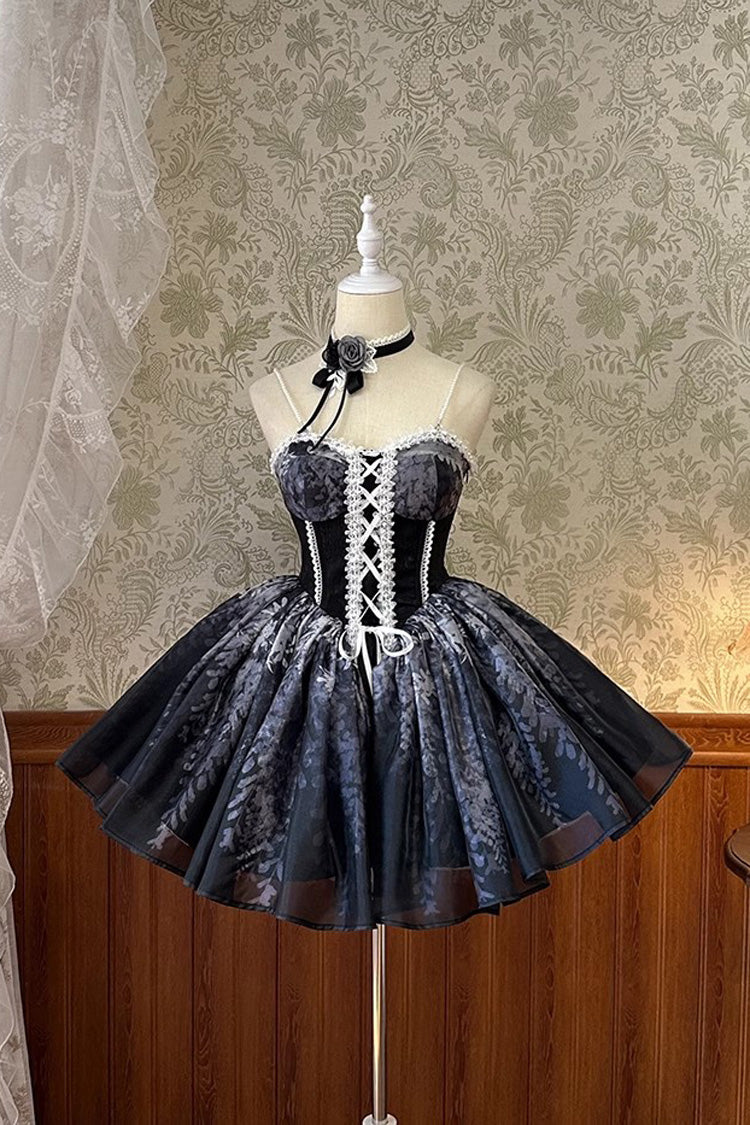 Black Sleeveless Ruffle Bowknot Gothic Princess Fish Bone Bridesmaid Lolita Jsk Dress - Black - 1