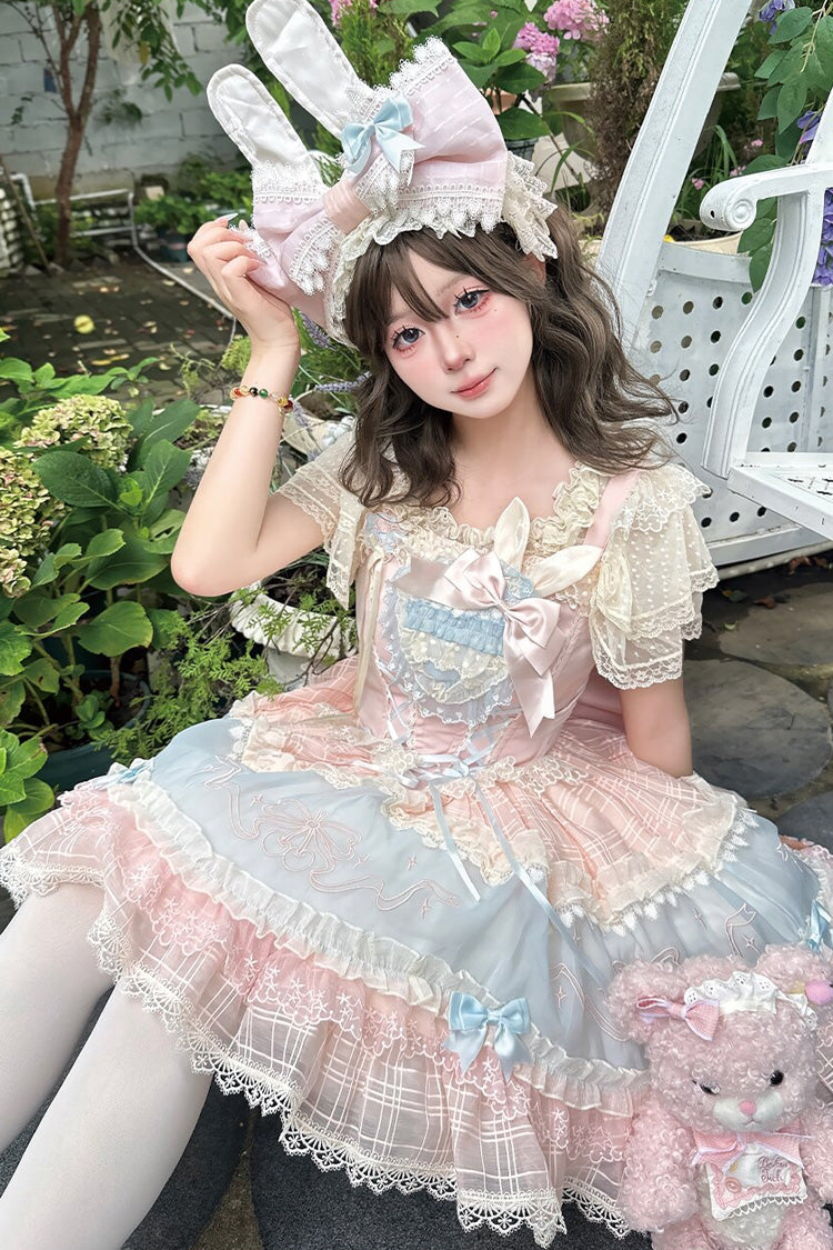 Blue/Pink [Sweetheart Bunny] Square Collar Flutter Sleeves Multi-Layered Jacquard Ruffled Embroidered Bow Lace Sweet Lolita Jsk Dress - Blue/Pink - 1