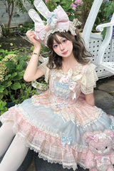 Blue/Pink [Sweetheart Bunny] Square Collar Flutter Sleeves Multi-Layered Jacquard Ruffled Embroidered Bow Lace Sweet Lolita Jsk Dress - Blue/Pink - 1