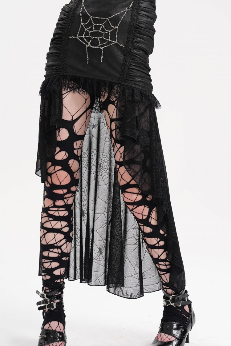Black Chain Lace Irregular Hem Mesh Women's Gothic Skirt - Product - 11