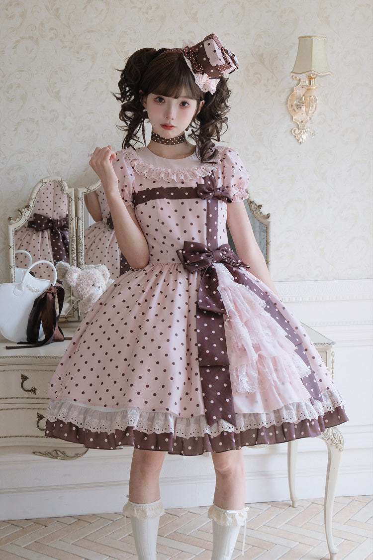 Pink [Canelé Gift Box] Round Collar Short Sleeves Double-Layered Printed Polka Dot Ruffled Open-Front Bow Asymmetric Sweet Lolita Dress - Product - 15
