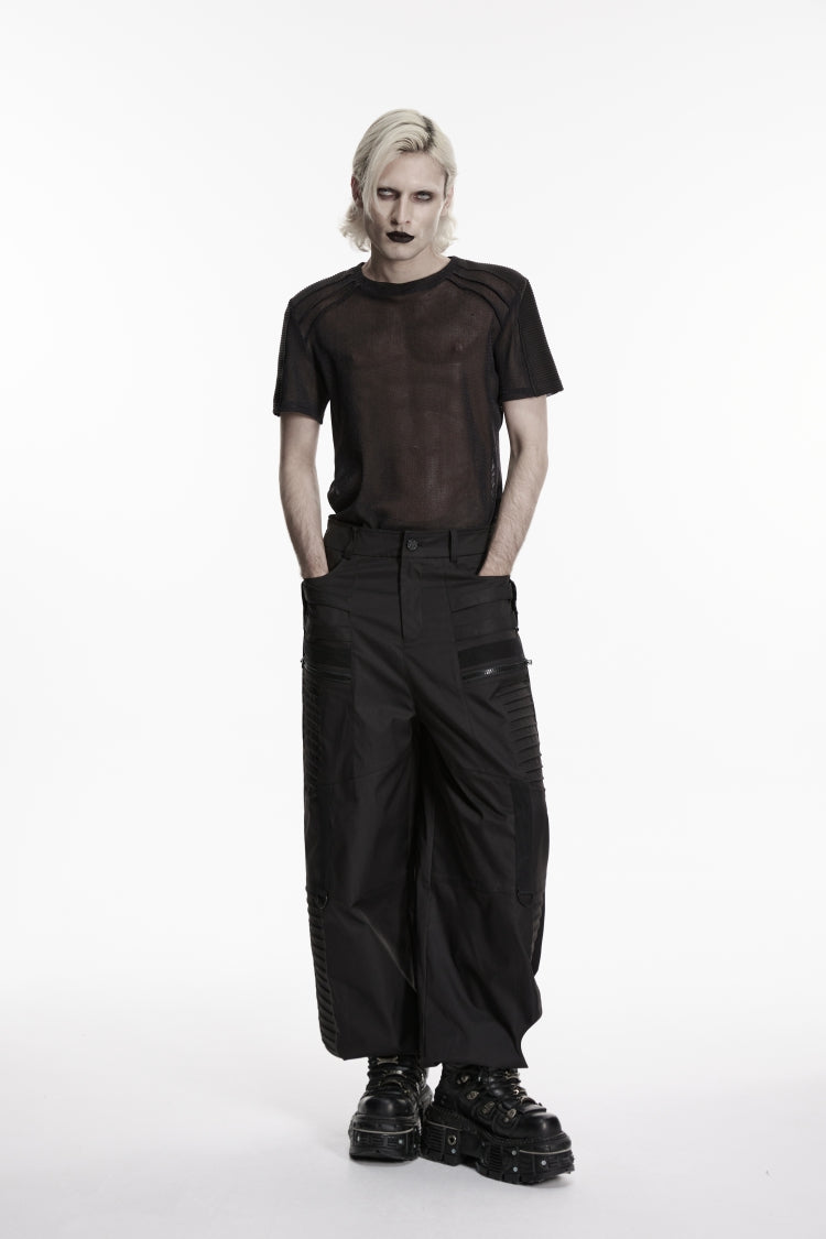 Black Round Collar Short Sleeves Sheer Men's Punk Shirt - Black - 5