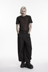 Black Round Collar Short Sleeves Sheer Men's Punk Shirt - Black - 5