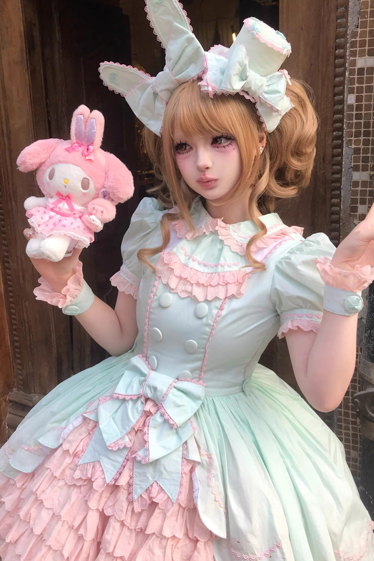 Pink/Green [Honeydew Melon Parfait] Short Sleeves Multi-Layered Ruffle Bowknot Sweet Lolita Dress - Product - 4