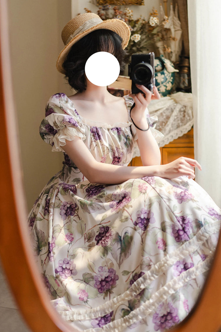 White [Basket of the Forest] Square Collar Short Sleeves Little Grape Printed Ruffled Classic Elegant Lolita Dress - Product - 6