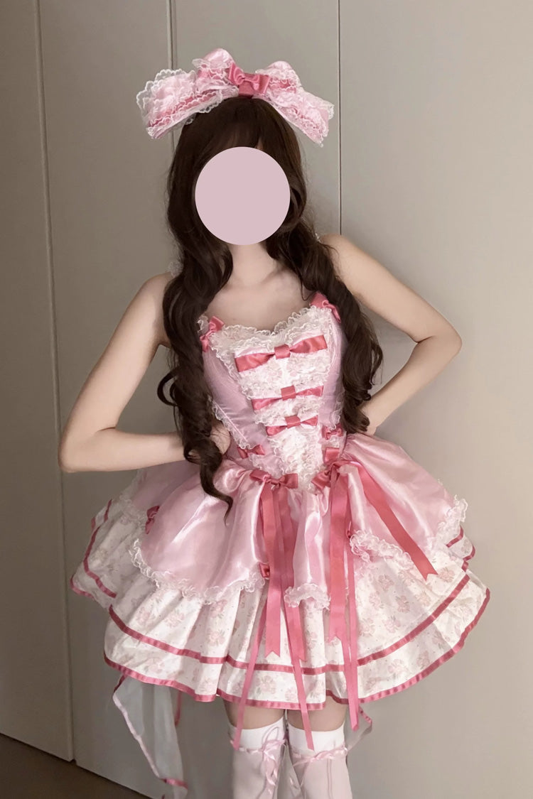 Pink [Jasmine Rain] Square Collar Sleeveless Triple-Layered Polka Dot Printed Ruffled Bow Lace Sweet Lolita Jsk Dress - Product - 2