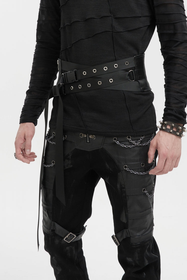Black Lace-Up Slim Fit Asymmetric Buckled Eyelet Men's Punk Cool Decussate Belt - Product - 9
