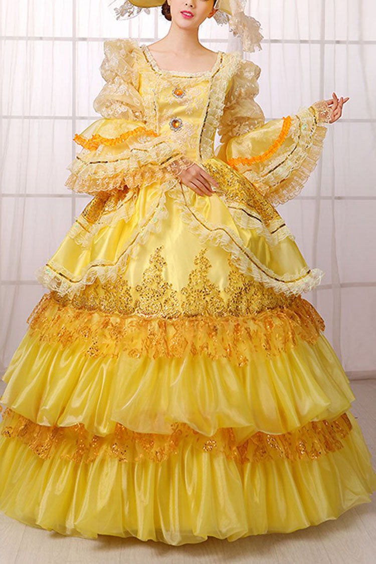 Yellow Hime Sleeves High Waisted Lace Stitching Gem Button Multi-Layer Victorian Lolita Prom Dress - Yellow - 1