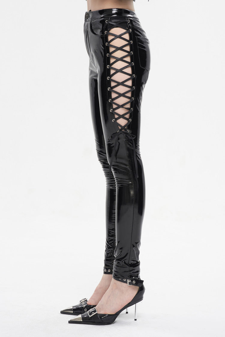 Black Patent Leather Side Cutout Lace Up Women's Punk Pants - Product - 5