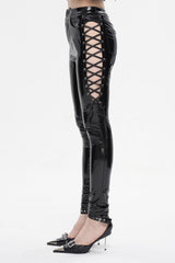Black Patent Leather Side Cutout Lace Up Women's Punk Pants - Product - 5