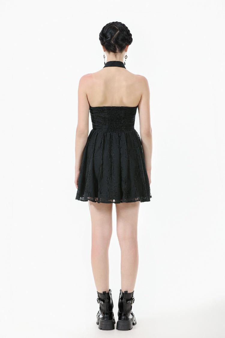 Black Off Shoulder Halterneck Sleeveless Lace Women's Gothic Short Dress - Product - 12