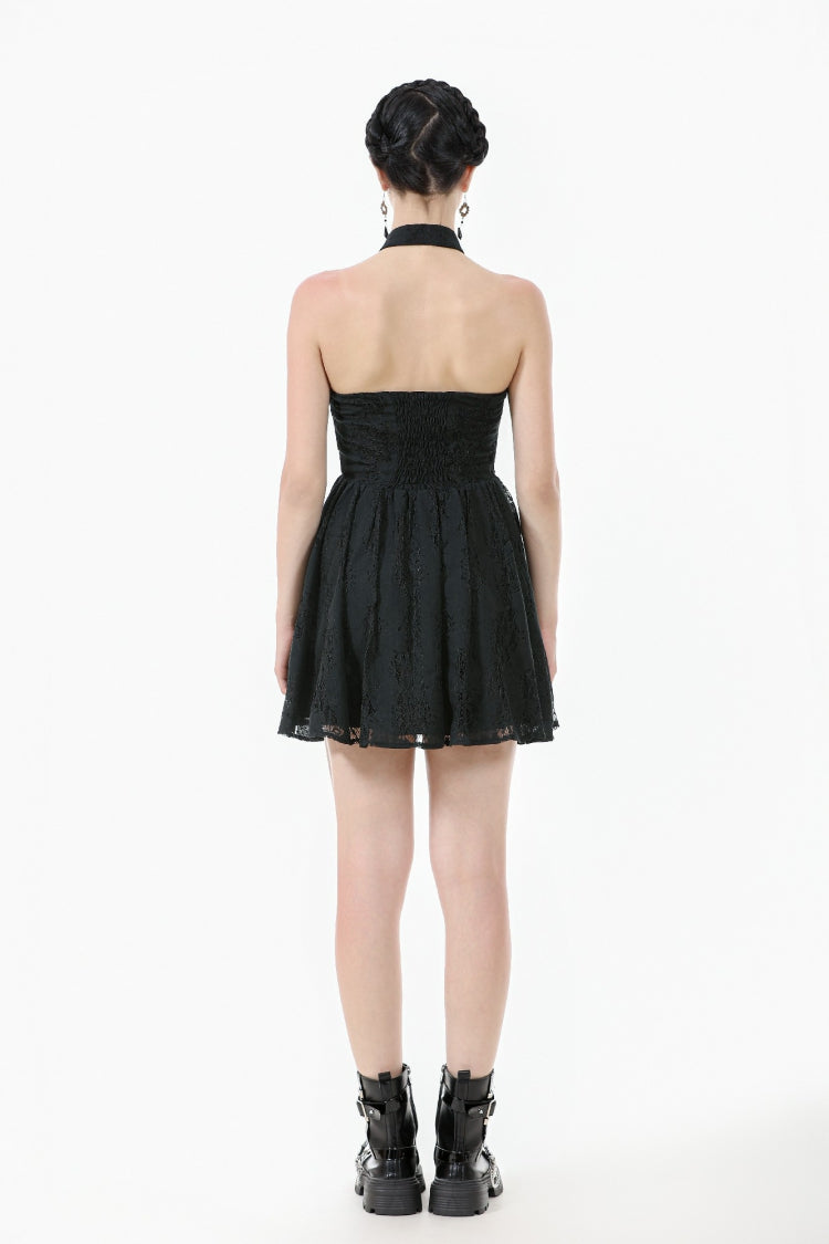 Black Off Shoulder Halterneck Sleeveless Lace Women's Gothic Short Dress - Product - 12