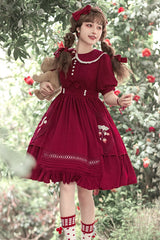 Red Doll Collar Lantern Sleeves Ruffled Strawberry Embroidered Sweet Lolita Dress - Product - 2