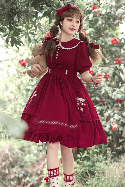 Red Doll Collar Lantern Sleeves Ruffled Strawberry Embroidered Sweet Lolita Dress - Product - 2