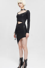 Black Knitted Fine Grain Shine Waist Cutout Rivet Decoration Asymmetric Long Sleeve Women's Gothic Dress - Product - 3