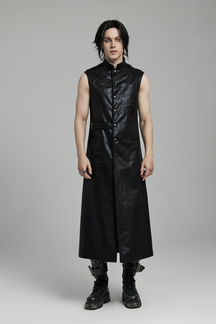 Black Stand Collar Sleeveless Faux Leather Men's Punk Long Vest - Black - 1