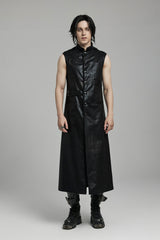 Black Stand Collar Sleeveless Faux Leather Men's Punk Long Vest - Black - 1