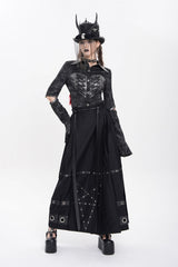 Black Lapel Collar Long Sleeves Print Lace-Up Cutout Women's Punk Blouse - Product - 7