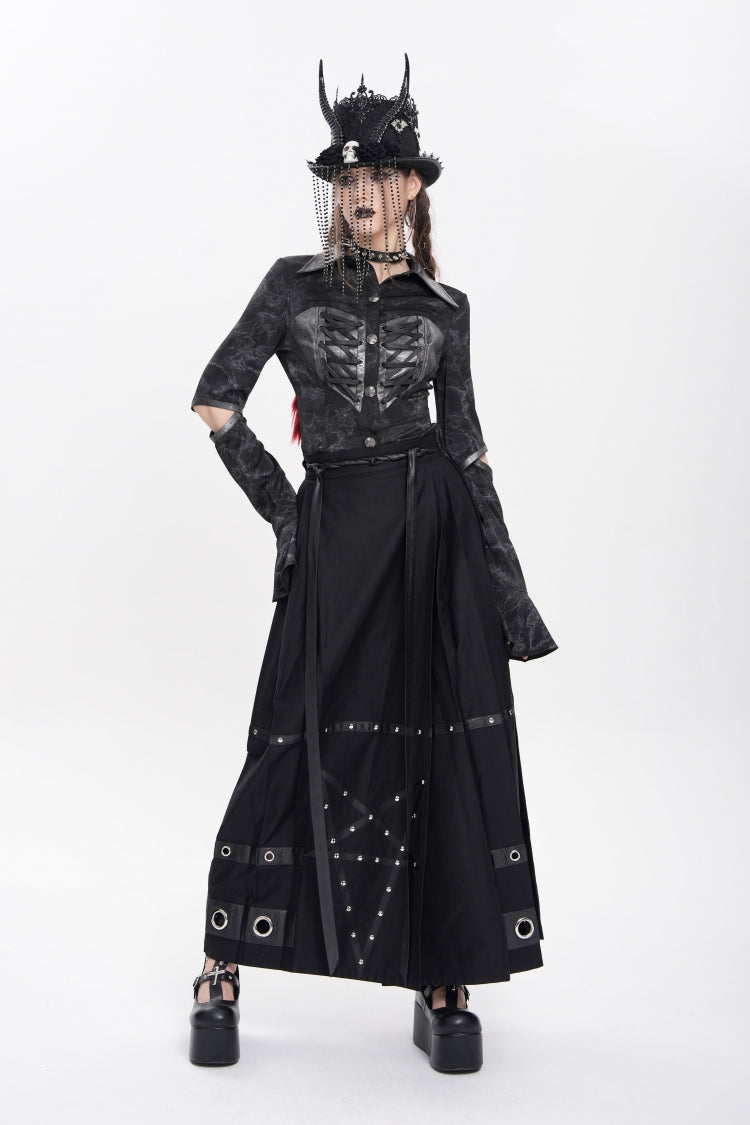 Black Lapel Collar Long Sleeves Print Lace-Up Cutout Women's Punk Blouse - Product - 7