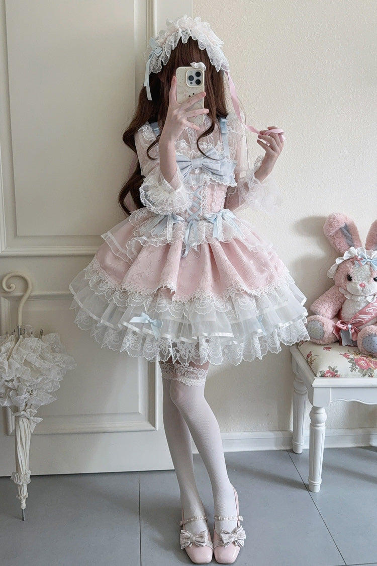 Pink [Fleishi Island] Sleeveless Ruffle Bowknot Lace Slim Sweet Ballet Lolita Jsk Dress - Product - 6