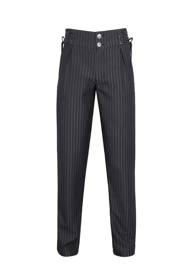 Black High Waisted Lace-Up Striped Men's Gothic Pants - Product - 6