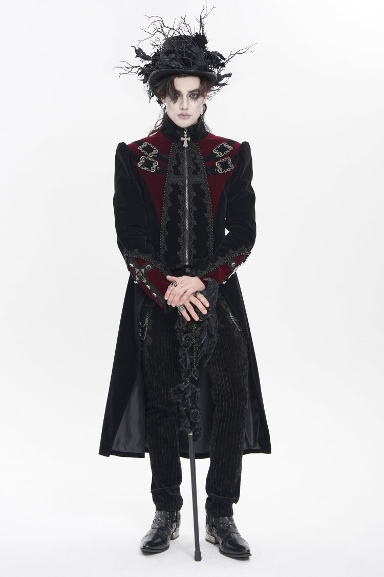 Black Stand Collar Long Sleeves Embroidered Color-Blocked Buckled Zippered Men's Gothic Palace Jacket - Black - 7