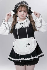 Black/White [Showcase Doll] Japanese Maid-Style Long Sleeves Ruffle Bowknot Jirai Kei Japanese Dress Shorts Set with Detachable Apron - Product - 7