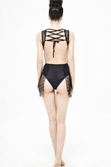 Black Circuit Board Printed Backless Side Waist Hollow Women's Punk One-Piece Swimsuit - Product - 8