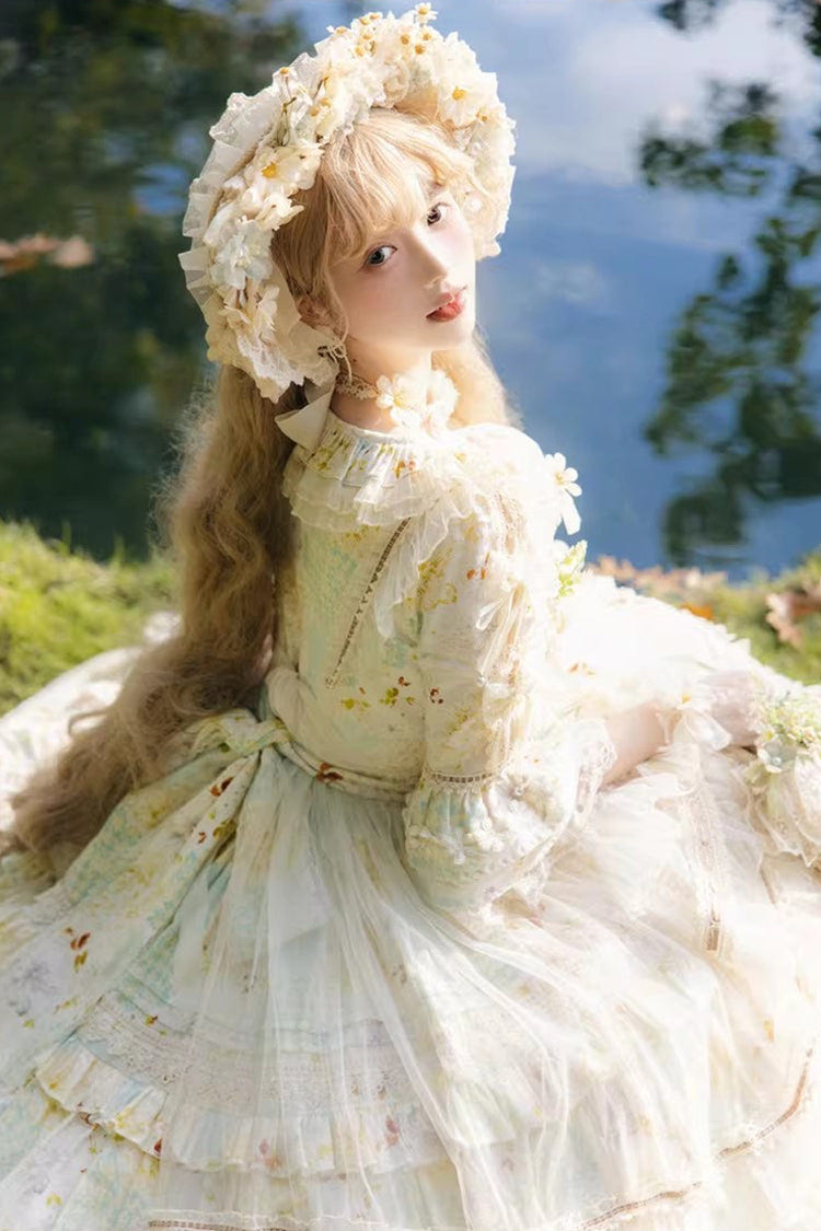 Green [Little Daisy] Lapel Collar Half Sleeves Multi-Layered Printed Bow Lace Princess Gorgeous Plus Size Sweet Lolita Dress - Product - 7