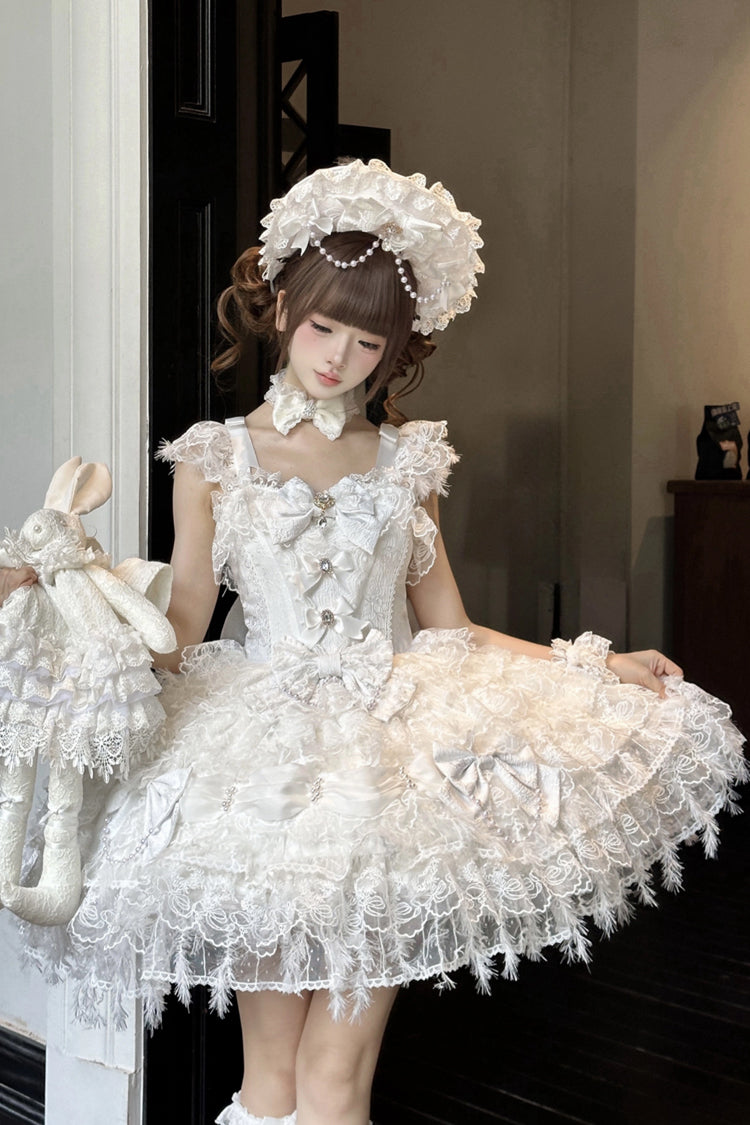 White [Cloudborne Snowfeather] Sleeveless Multi-Layered Hanayome Bowknot Pearl Gothic Lolita Jsk Dress - Product - 2