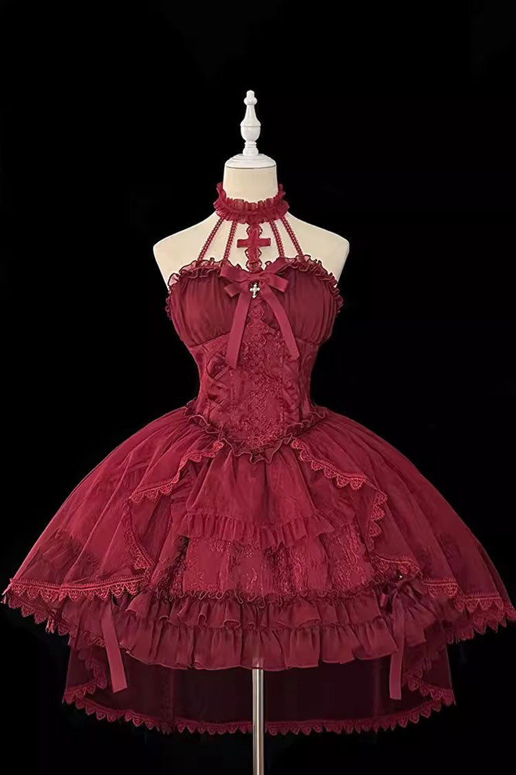 Wine Red Cross Halterneck Ruffle Bowknot Lace Lace-Up Princess Gothic Lolita Dress - Red - 1