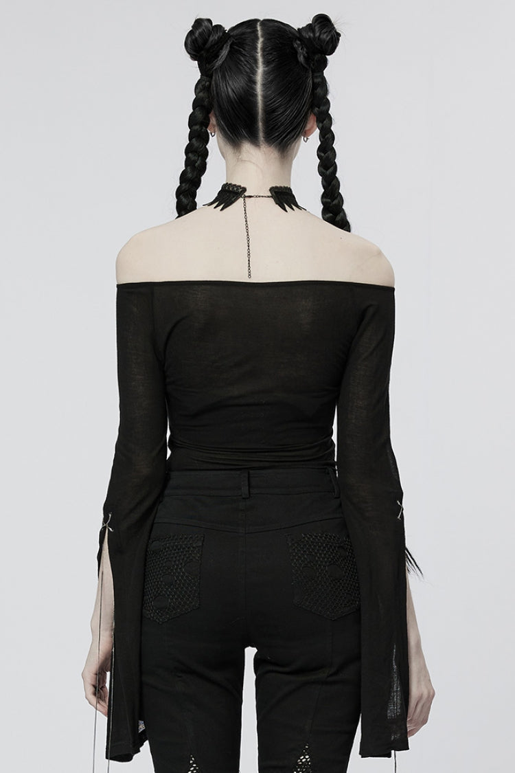 Black Off Shoulder Long Sleeves Metal Chain Women's Gothic T-Shirt - Product - 3