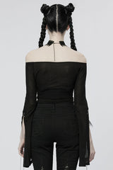 Black Off Shoulder Long Sleeves Metal Chain Women's Gothic T-Shirt - Product - 3