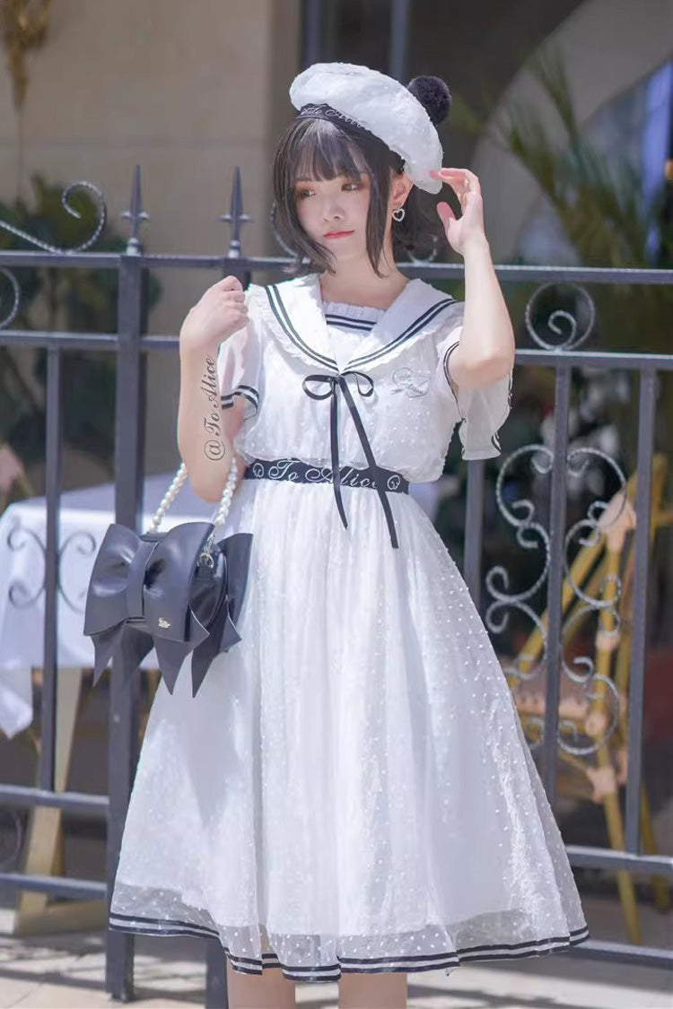 White [Seaside Sweetheart] Chiffon Navy Collar Short Sleeves Ruffled Lace-Up Slim Sailor Sweet Lolita Dress - White - 1