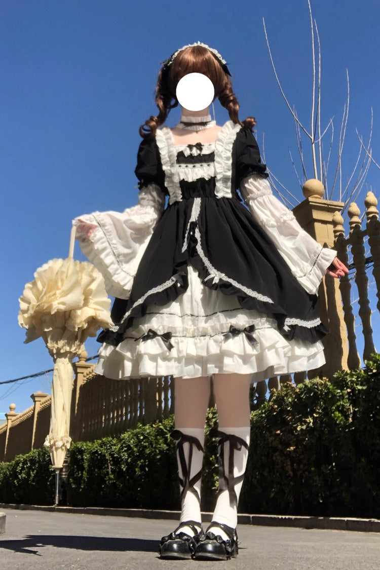 White/Black Long Hime Sleeves Ruffle Cardigan Bowknot Gothic Lolita Dress - White/Black - 1