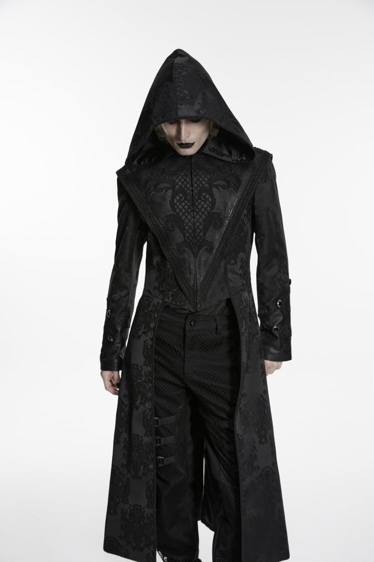 Black Long Sleeves Jacquard Embroidered Spliced Lace Hooded Color-Blocked Men's Punk Cool Coat - Product - 6