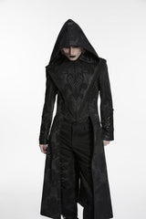 Black Long Sleeves Jacquard Embroidered Spliced Lace Hooded Color-Blocked Men's Punk Cool Coat - Product - 6