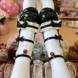 Round Toe Bow Lace Trim Mid Heel Lolita Mary Jane Shoes with Ankle Bells 6 Colors - Black - 5