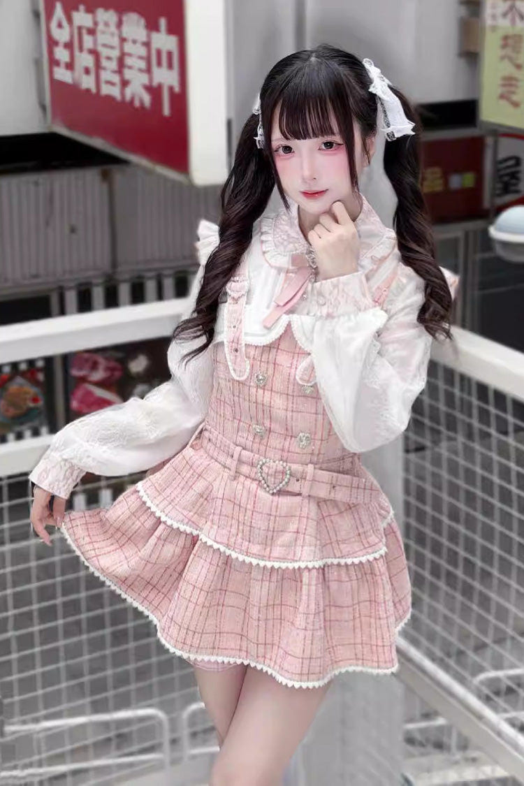 Sweet Lapel Collar Long Sleeves Jacquard Ruffled Bow Jirai Kei Japanese Blouse 2 Colors - Product - 4