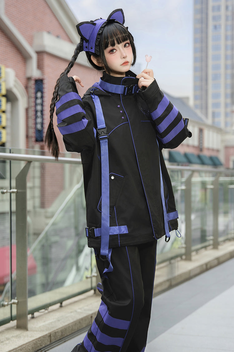 Blue/Black Long Sleeves Print Cat Ears Hooded Jirai Kei Handsome Coat - Product - 4