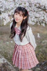 Pink College Style Plaid Stripe Print Sweet Japanese School Pleated Skirt - Product - 5