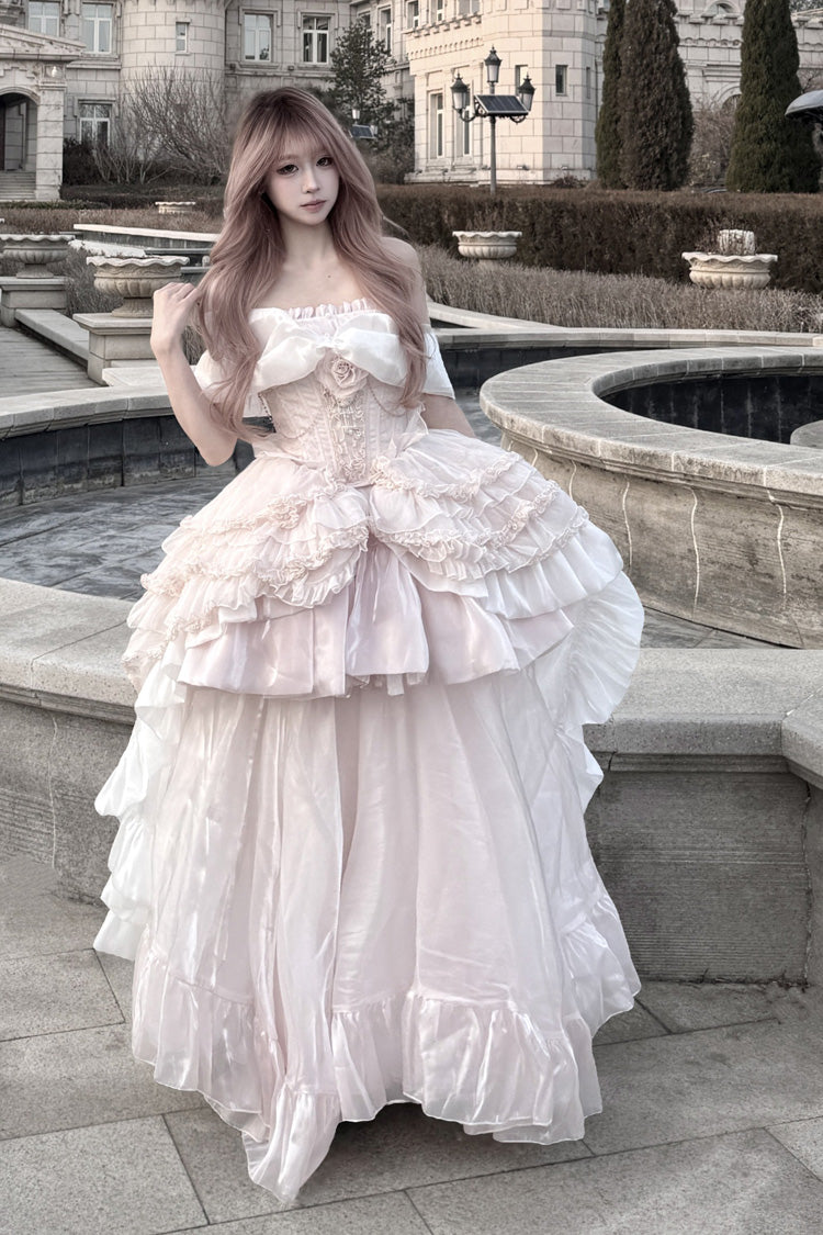 Pink Boat Neck Ruffled Bow Sweet Princess Lolita Dress - Pink(Dress-Only) - 1