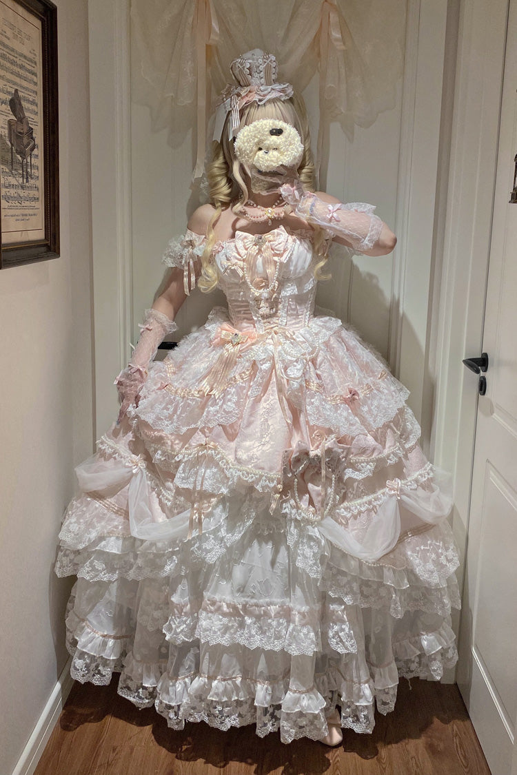 Pink [Anna’s Ball] Square Collar Ruffled Hanayome Bow Lace Sweet Princess Ballet Lolita Jsk Dress - Product - 12