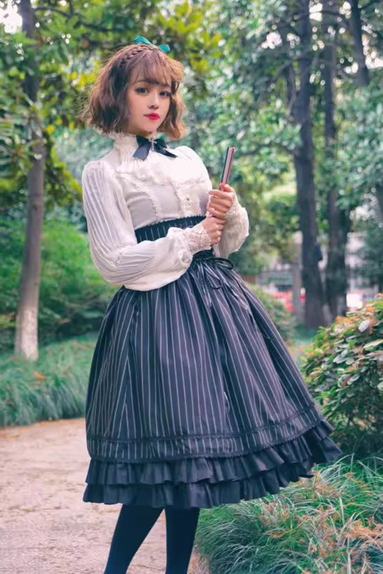 Black Multi-Layered Stripe Print Ruffle Lace-Up Classic College Style Elegant Lolita Skirt - Product - 2